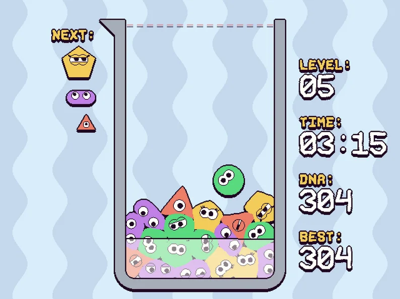Official SPLOOB level 5 screenshot showing NEXT, LEVEL, TIME, DNA and BEST around the beaker