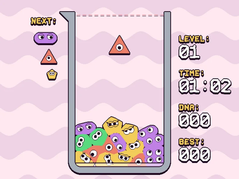 SPLOOB gameplay with colorful soft cells in a beaker, a next-piece queue and DNA score