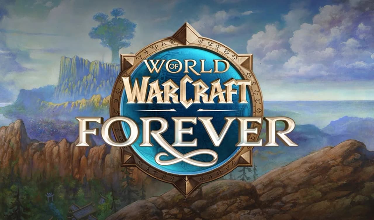 World of Warcraft Forever logo over Azeroth artwork