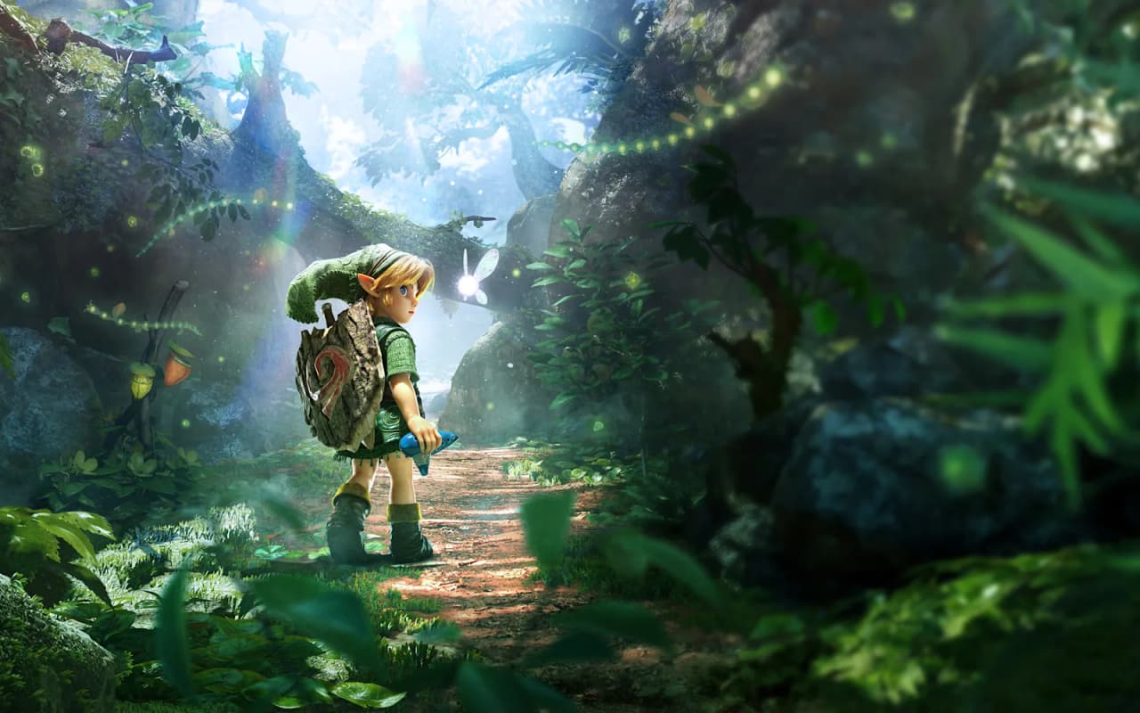 Link and Navi on a forest path in Nintendo’s Ocarina of Time Switch 2 artwork