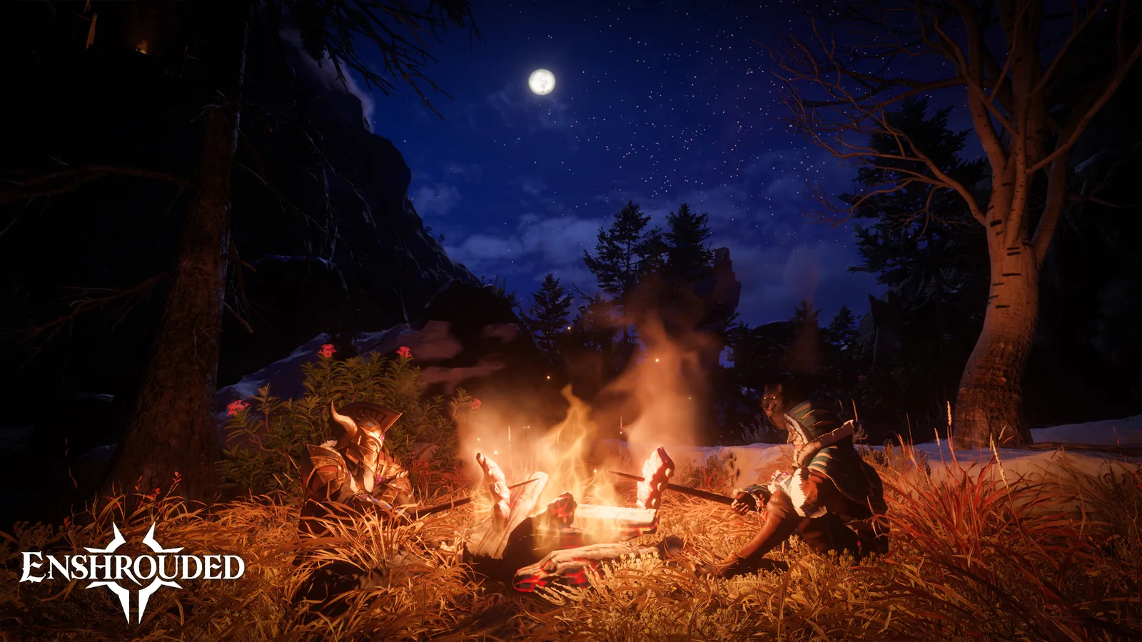 Two Enshrouded adventurers cooking food over a campfire in the forest at night