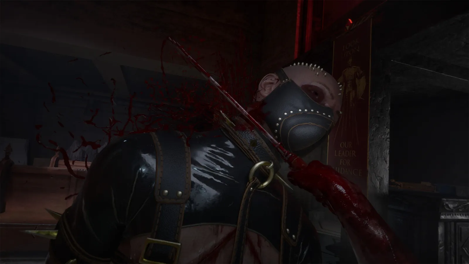 A melee strike landing on a masked, studded-leather cultist in a crimson-lit chapel
