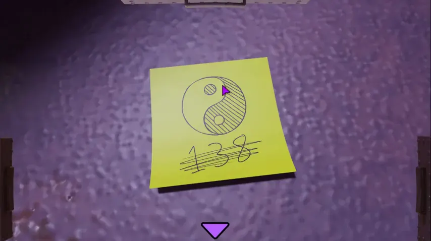Yellow yin-yang note with crossed-out numbers in the SHAPE Demo cabinet